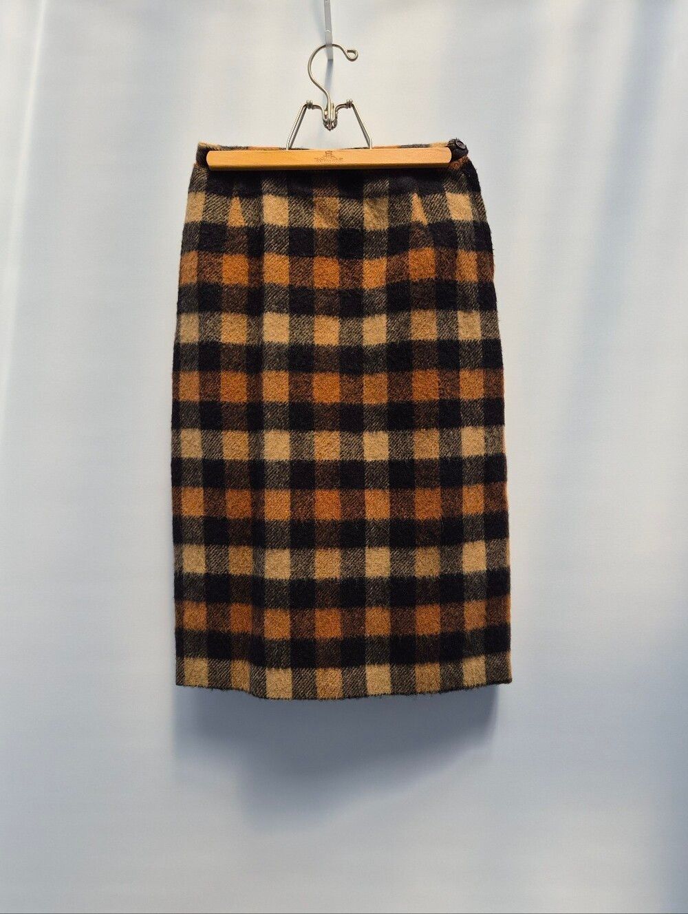 VTG 50s 60s Plaid Wool Pencil Skirt Brown Camel Shadow Check Bound Seams USA